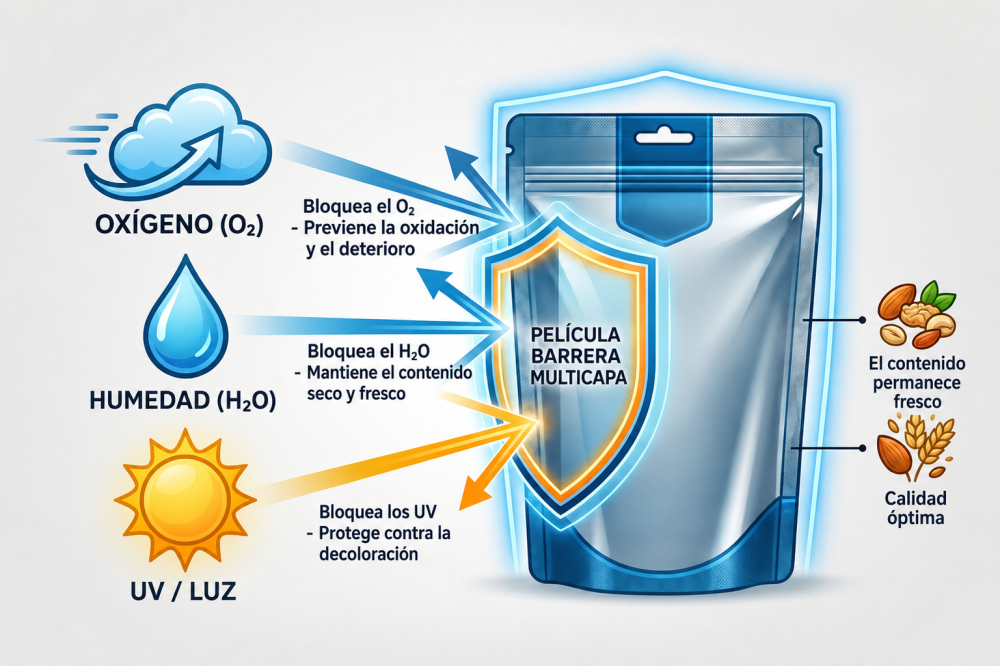 Infografía sobre el funcionamiento del envase con barrera: un film multicapa bloquea el oxígeno, la humedad y la luz UV para una máxima vida útil Infografía sobre el funcionamiento del envase con barrera: un film multicapa bloquea el oxígeno, la humedad y la luz UV para una máxima vida útil