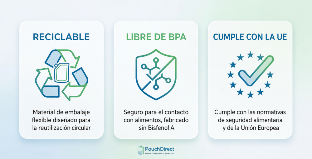 Iconos de sostenibilidad y normativa sobre envases: 100 % reciclable, sin BPA y conforme a la normativa de la UE Iconos de sostenibilidad y normativa sobre envases: 100 % reciclable, sin BPA y conforme a la normativa de la UE