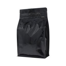 Bolsa de café de fondo plano con cierre - brillante negro - 250 gr (140x210+{35+35} mm)