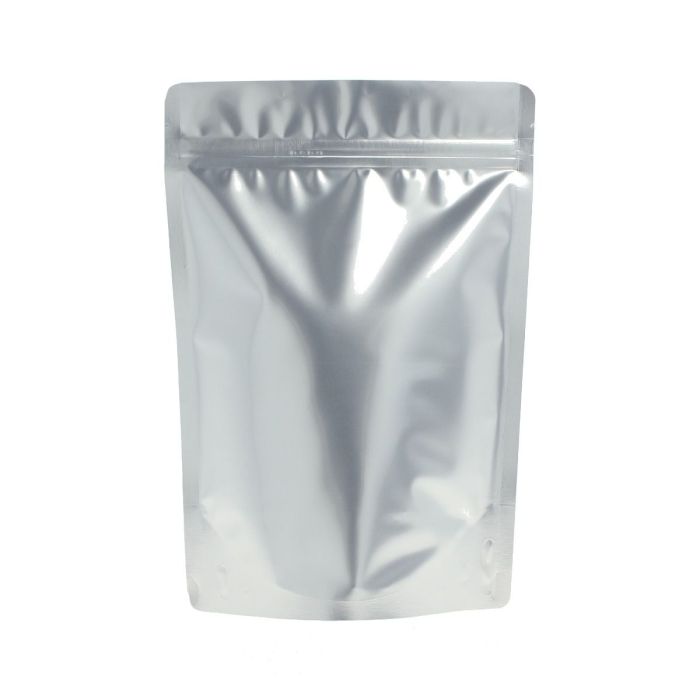 Bolsa doypack plata mate con muesca de desgarre y cierre zip.