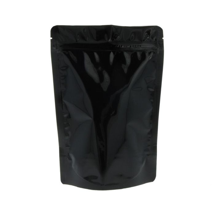 Bolsa doypack negra brillante con muesca de desgarre y cierre zip.