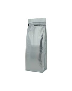 Bolsa de fondo plano con cierre de frente - mate plata - 110x300+{40+40} mm (1,25-1,4 ltrl)
