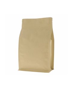 Bolsa de fondo plano de papel kraft marrón con muesca de desgarre y cierre zip.