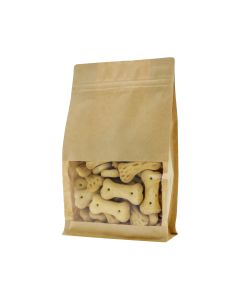 Bolsa de fondo plano de papel kraft marrón sin aluminio con ventana y cierre zip frontal.