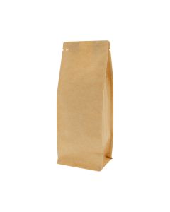 Bolsa de café de fondo plano aspecto kraft marrón reciclable con válvula y muesca de desgarre.