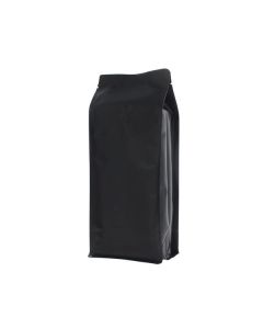 Bolsa de café de fondo plano negro mate con válvula y muesca de desgarre.
