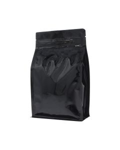 Bolsa de caf&eacute; de fondo plano con cierre - brillante negro - 250 gr (140x210+{35+35} mm)