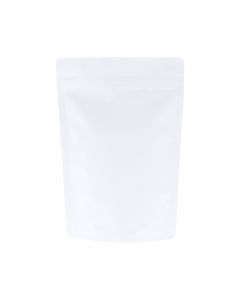 Bolsa doypack blanco mate con muesca de desgarre y cierre zip.