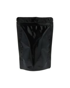 Bolsa doypack negra brillante con muesca de desgarre y cierre zip.