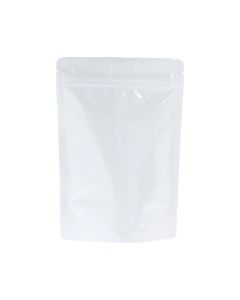 Bolsa doypack blanco brillante con muesca de desgarre y cierre zip.