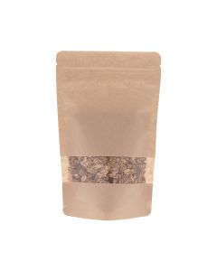 Bolsa doypack de papel kraft marr&oacute;n con ventana, muesca de desgarre y cierre zip.