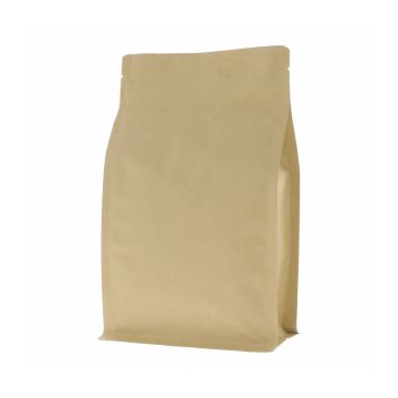 Bolsa de fondo plano de papel kraft marrón con muesca de desgarre y cierre zip.