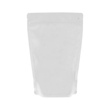 Bolsa doypack reciclable blanco mate con muesca de desgarre y cierre zip.