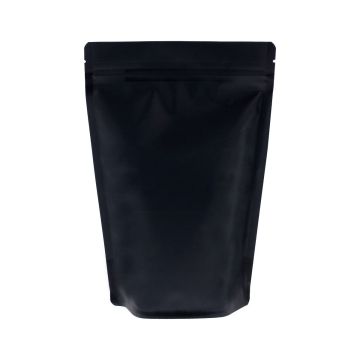 Matte black recyclable doypack with tear notch and zip closure.
