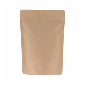 Bolsa doypack de 3 capas de papel kraft marrón con válvula, muesca de desgarre y cierre zip.