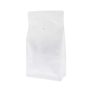 Bolsa de café de fondo plano reciclable blanco mate con válvula, muesca de desgarre y cierre zip.