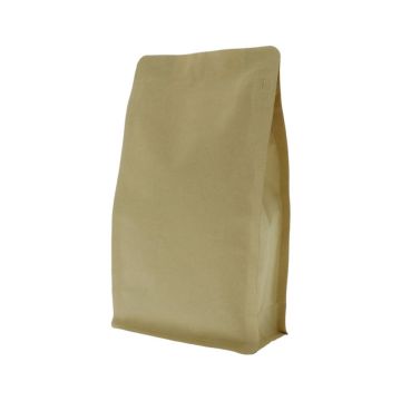 Bolsa de fondo plano de papel kraft marrón con cierre zip frontal.