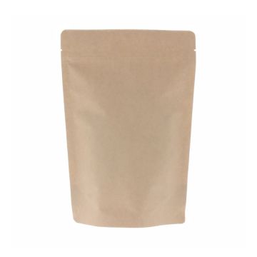 Bolsa doypack de papel kraft marrón con muesca de desgarre y cierre zip.