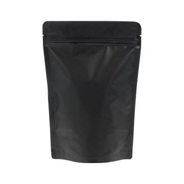 Bolsa doypack negra mate con muesca de desgarre y cierre zip.