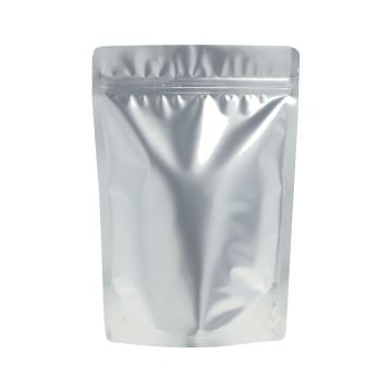 Bolsa doypack plata mate con muesca de desgarre y cierre zip.