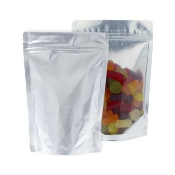 Bolsa doypack transparente y plata mate con muesca de desgarre y cierre zip.
