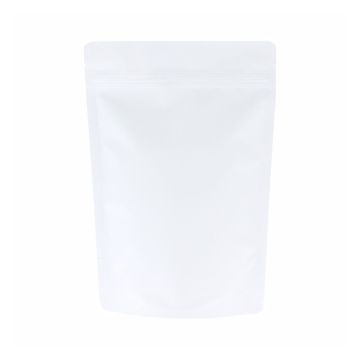 Bolsa doypack blanco mate con muesca de desgarre y cierre zip.