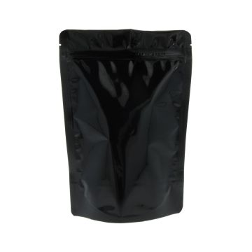 Bolsa doypack negra brillante con muesca de desgarre y cierre zip.