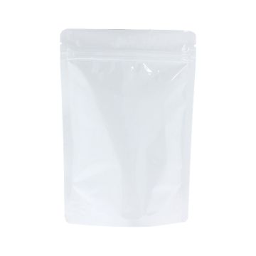 Bolsa doypack blanco brillante con muesca de desgarre y cierre zip.