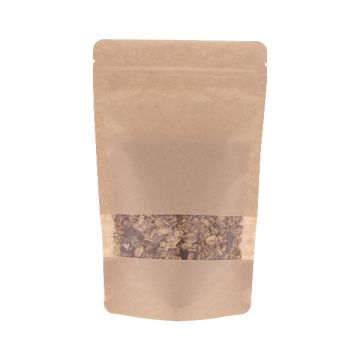 Bolsa doypack de papel kraft marrón con ventana, muesca de desgarre y cierre zip.