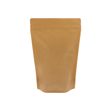 Bolsa doypack reciclable aspecto kraft marrón con muesca de desgarre y cierre zip.