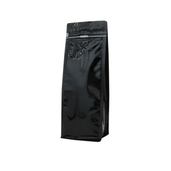 Bolsa de café de fondo plano con cierre de frente - brillante negro - 250 gr (95x245+{35+35} mm)