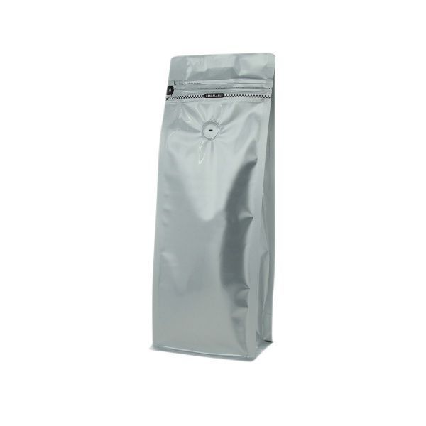 Bolsa de café de fondo plano con cierre de frente - mate plata - 1 kg (140x360+{47,5+47,5) mm)