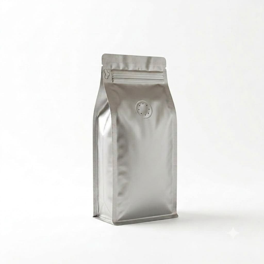 Bolsa de Café de Fondo Plano Edición Limitada Plata Mate (Válvula + Zipper Frontal) 95x245+(35+35)mm