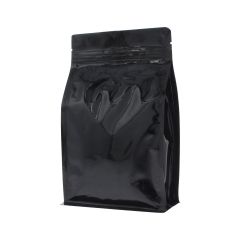 Bolsa de caf&eacute; de fondo plano con cierre - brillante negro - 250 gr (140x210+{35+35} mm)