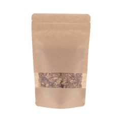 Bolsa stand-up papel kraft con ventana - marr&oacute;n - 110x170+{35+35} mm (200-225ml)